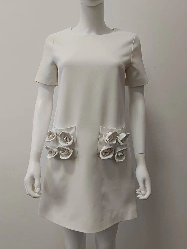 CHICEVER Elegant O Neck Short Sleeve High Waist Patchwork Zipper Slim Solid Color Dresses Summer Dress For Women