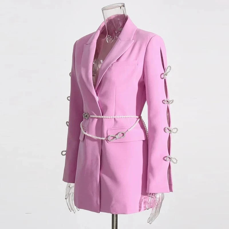 CHICEVER Elegant Patchwork Pearls Spliced Diamonds Lady Blazer Dresses Women Dress 2023