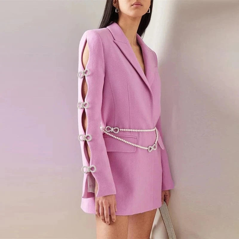 CHICEVER Elegant Patchwork Pearls Spliced Diamonds Lady Blazer Dresses Women Dress 2023