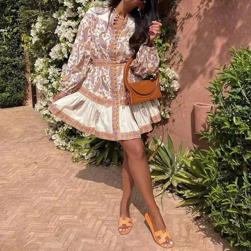 CHICEVER Elegant Round Neck Lantern Sleeve High Waist Patchwork Button Loose Dresses Women Casual Dress