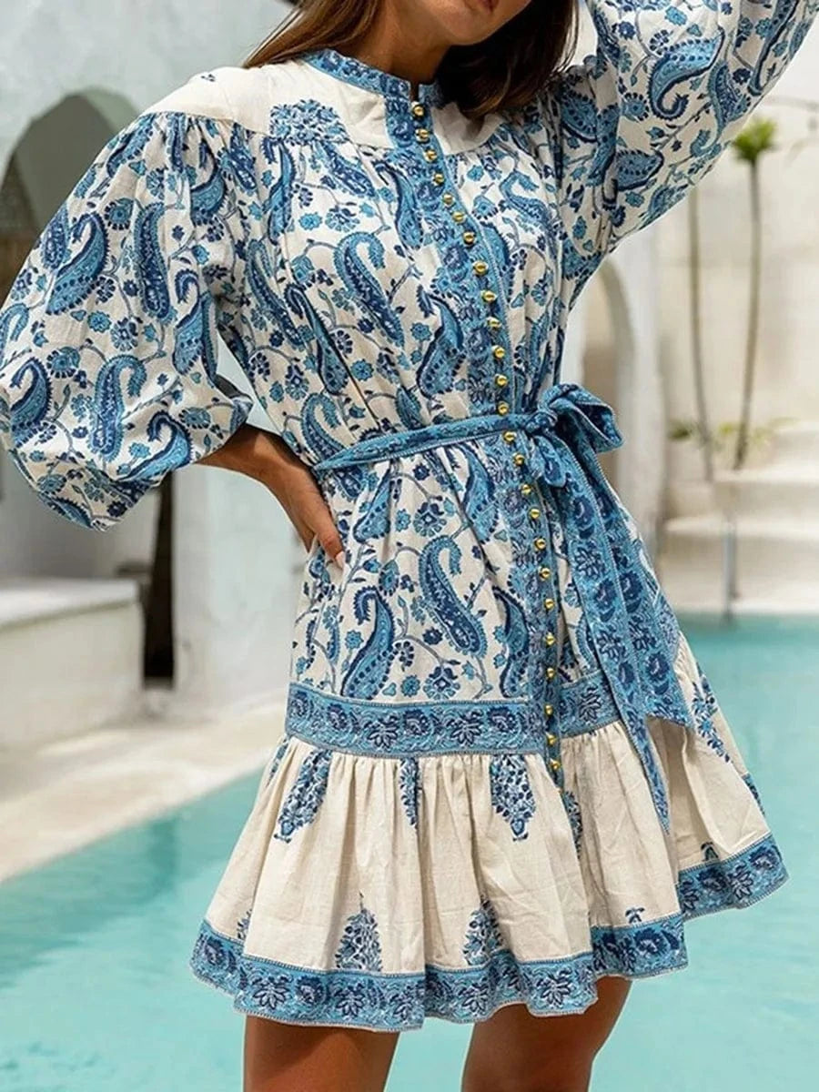 CHICEVER Elegant Round Neck Lantern Sleeve High Waist Patchwork Button Loose Dresses Women Casual Dress