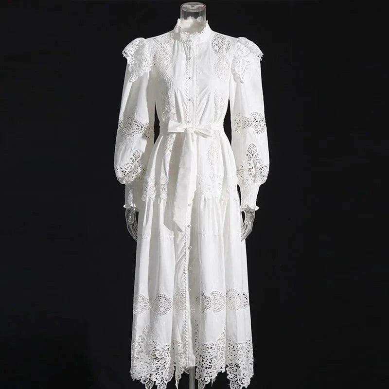 CHICEVER Elegant Round Neck Long Sleeve High Waist Solid Color Long Dresses Women Dress