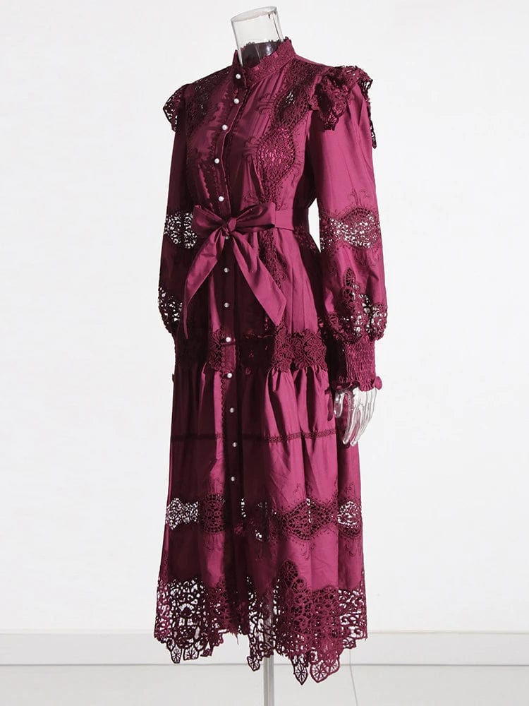 CHICEVER Elegant Round Neck Long Sleeve High Waist Solid Color Long Dresses Women Dress