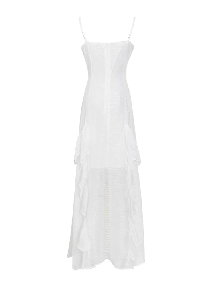 CHICEVER Elegant Sleeveless V Neck High Waist Slim Midi White Long Dress For Women