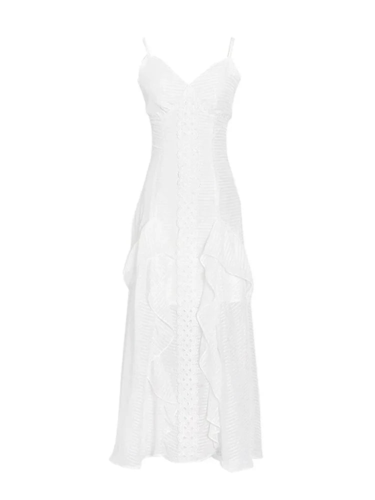 CHICEVER Elegant Sleeveless V Neck High Waist Slim Midi White Long Dress For Women