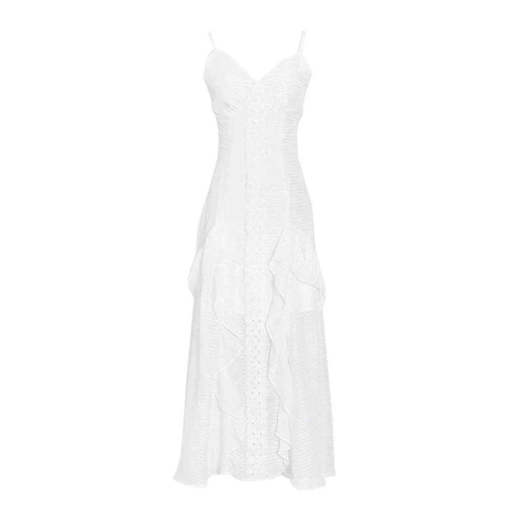 CHICEVER Elegant Sleeveless V Neck High Waist Slim Midi White Long Dress For Women