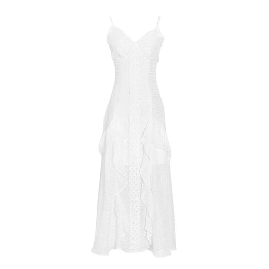 CHICEVER Elegant Sleeveless V Neck High Waist Slim Midi White Long Dress For Women