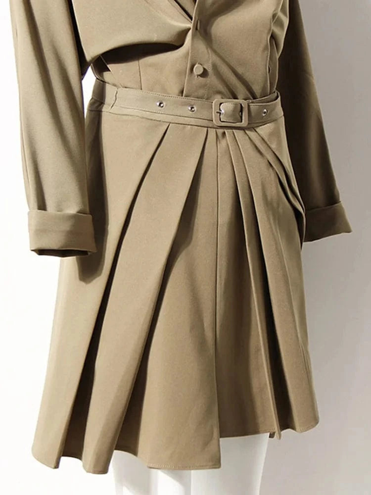 CHICEVER Elegant Solid Color High Waist Patchwork Belt Folds Design Skirts For Women