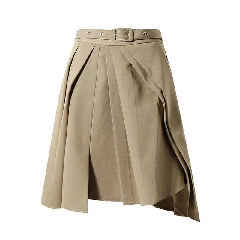 CHICEVER Elegant Solid Color High Waist Patchwork Belt Folds Design Skirts For Women