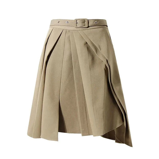 CHICEVER Elegant Solid Color High Waist Patchwork Belt Folds Design Skirts For Women