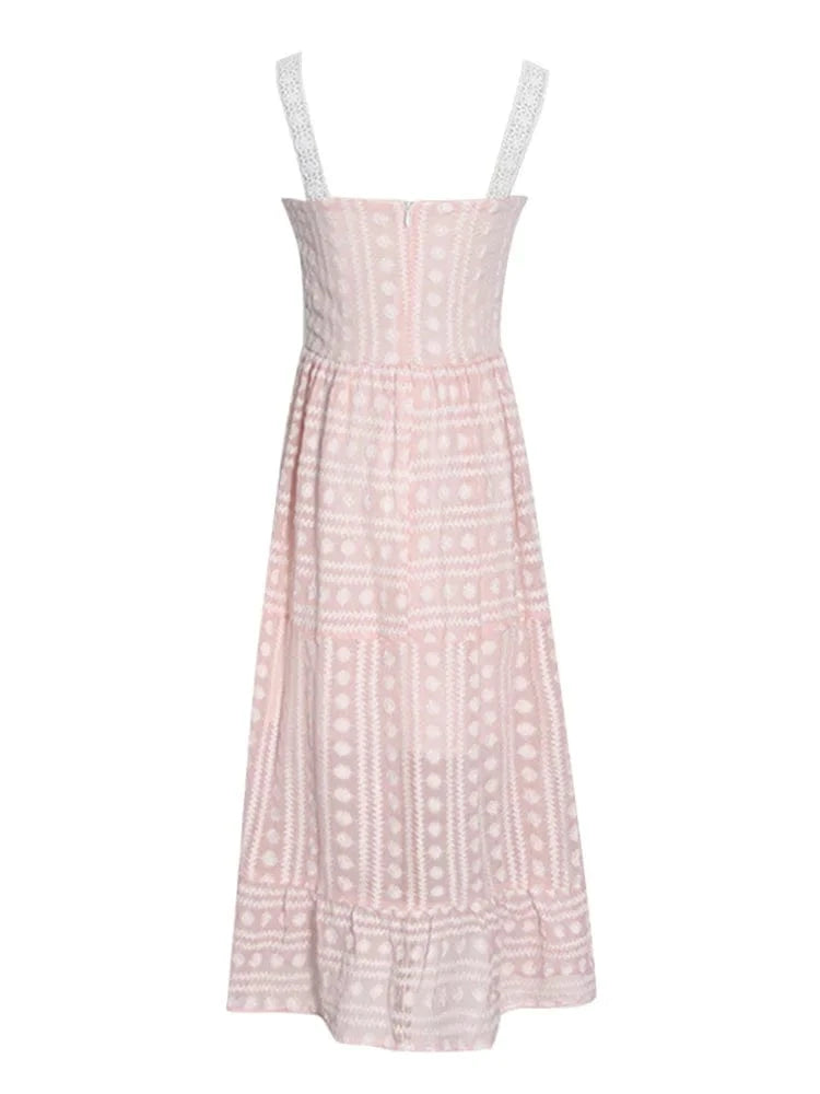 CHICEVER Elegant Square Collar Sleeveless High Waist Embroidery Summer Dresses For Women