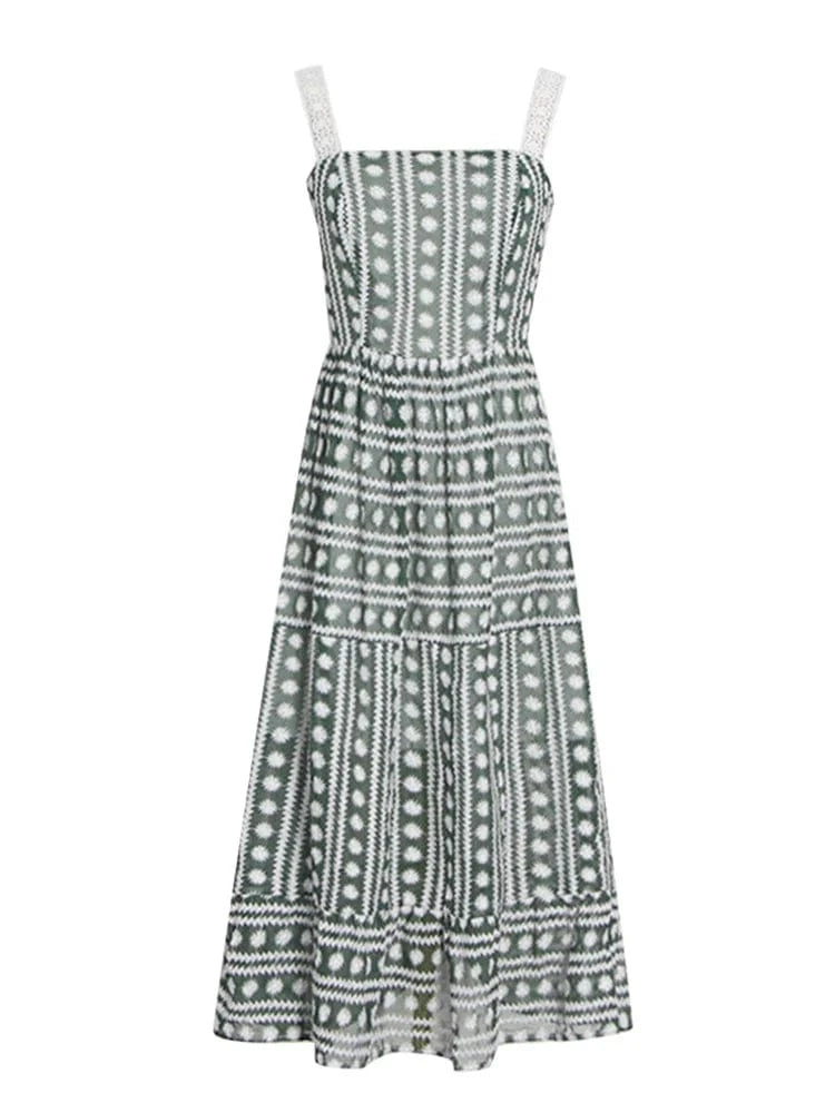 CHICEVER Elegant Square Collar Sleeveless High Waist Embroidery Summer Dresses For Women