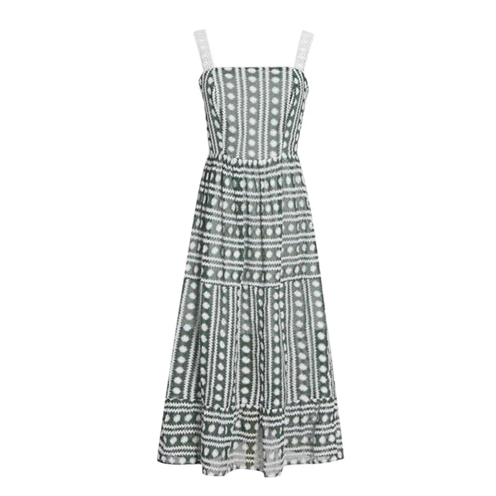 CHICEVER Elegant Square Collar Sleeveless High Waist Embroidery Summer Dresses For Women