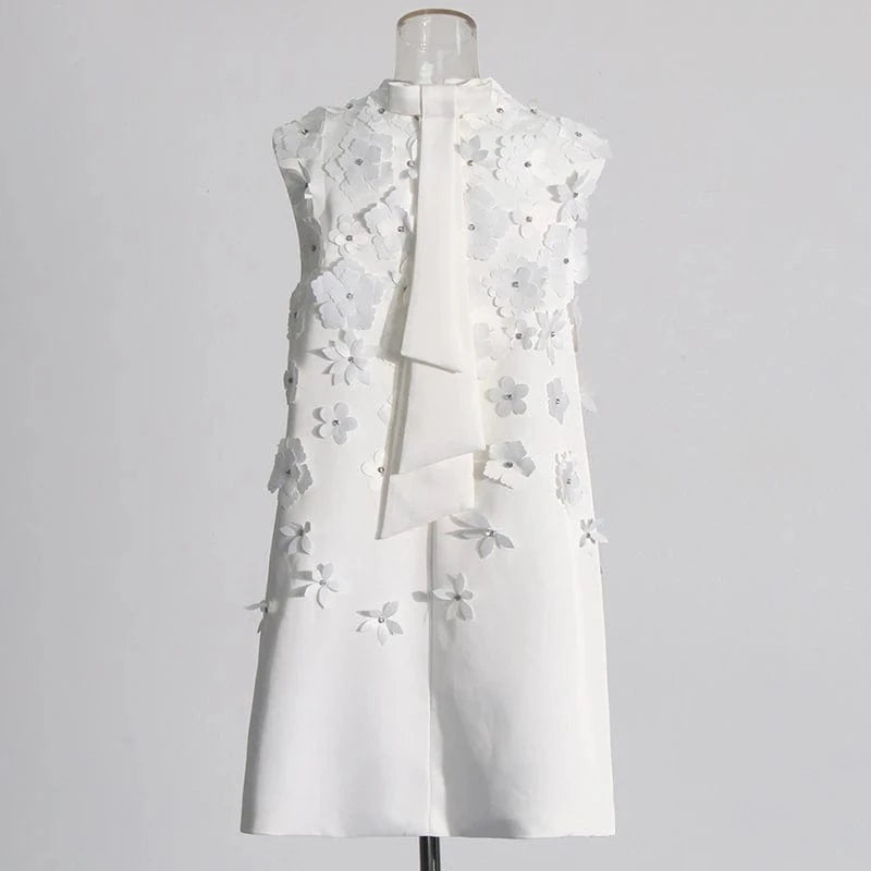 CHICEVER Elegant Summer Stand Collar Sleeveless High Waist Patchwork Appliques Dresses White Dress For Women