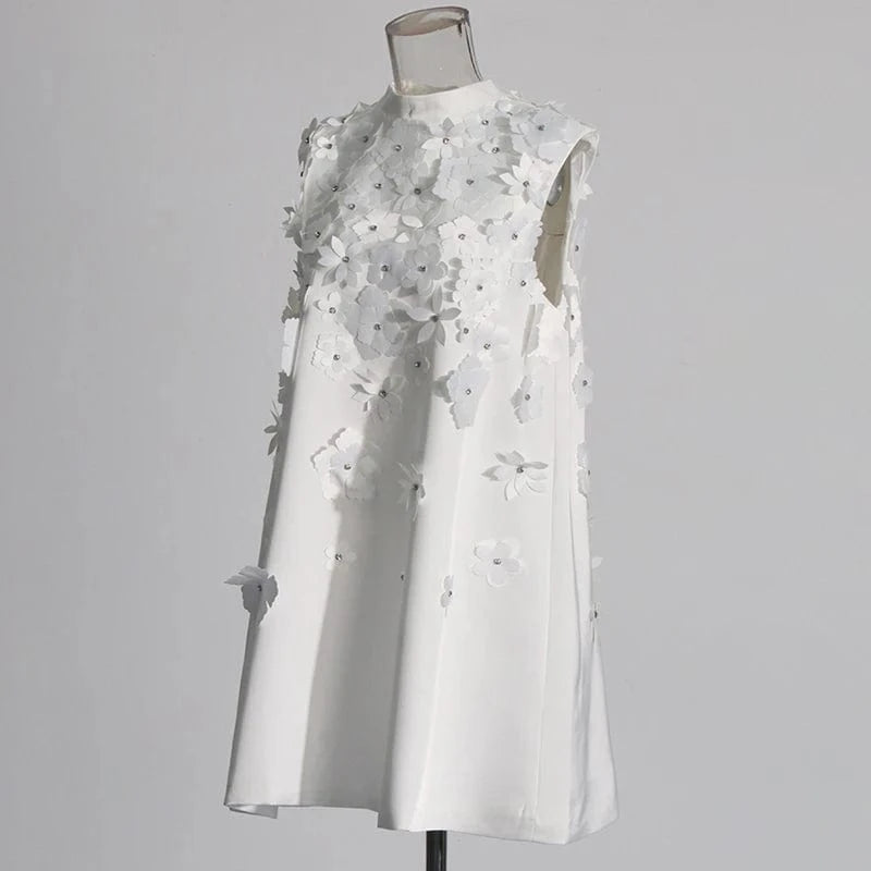 CHICEVER Elegant Summer Stand Collar Sleeveless High Waist Patchwork Appliques Dresses White Dress For Women