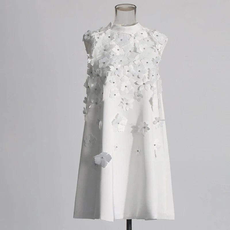 CHICEVER Elegant Summer Stand Collar Sleeveless High Waist Patchwork Appliques Dresses White Dress For Women