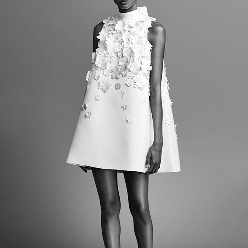 CHICEVER Elegant Summer Stand Collar Sleeveless High Waist Patchwork Appliques Dresses White Dress For Women