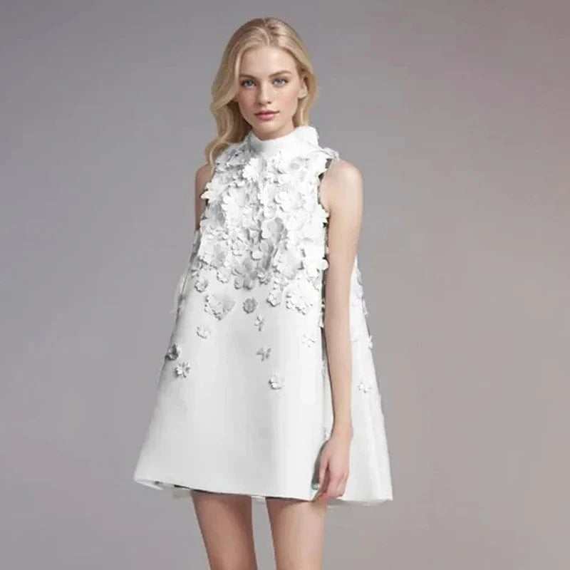 CHICEVER Elegant Summer Stand Collar Sleeveless High Waist Patchwork Appliques Dresses White Dress For Women