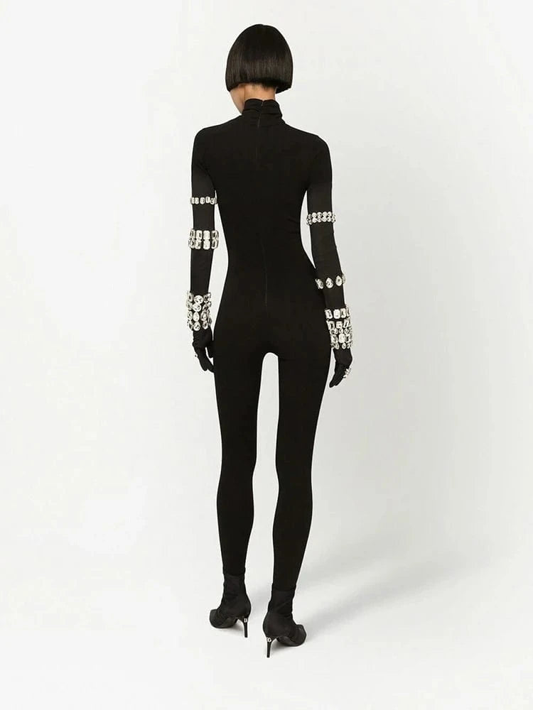 CHICEVER Elegant Turtleneck Long Sleeve High Waist Patchwork Diamonds Jumpsuit Women