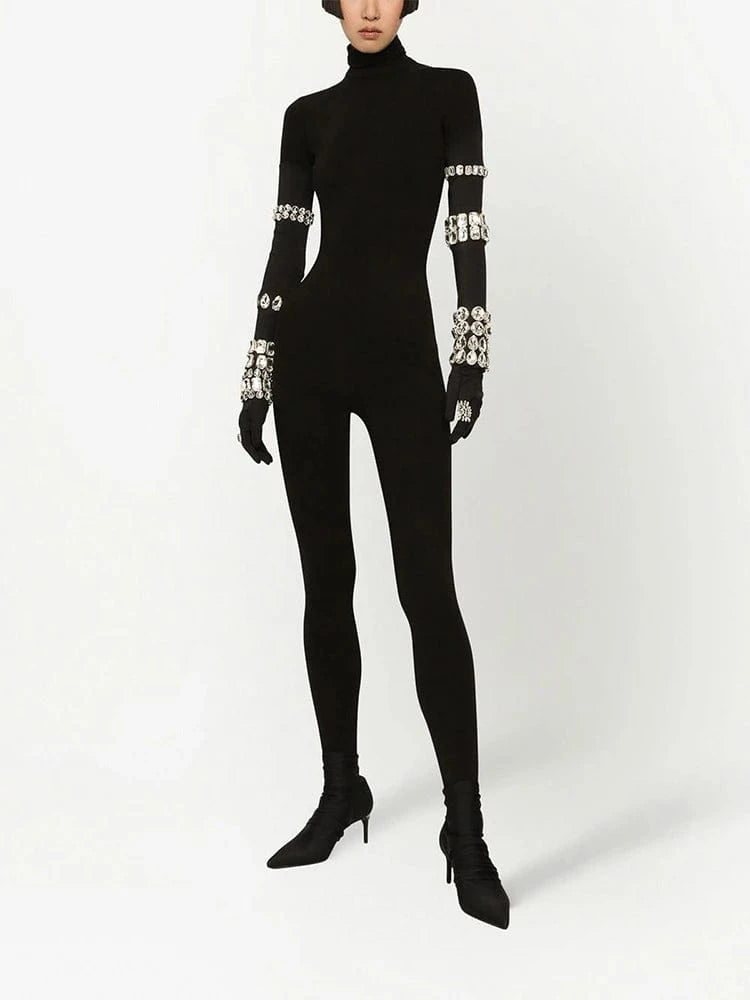 CHICEVER Elegant Turtleneck Long Sleeve High Waist Patchwork Diamonds Jumpsuit Women