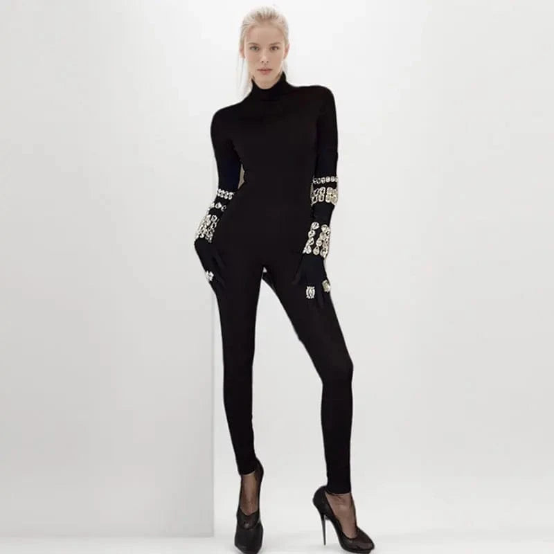 CHICEVER Elegant Turtleneck Long Sleeve High Waist Patchwork Diamonds Jumpsuit Women