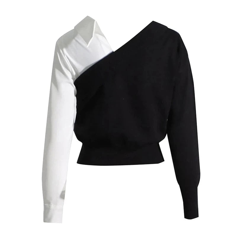 CHICEVER Elegant V Neck Long Sleeve Patchwork Folds Ladies Blouses For Women 2023