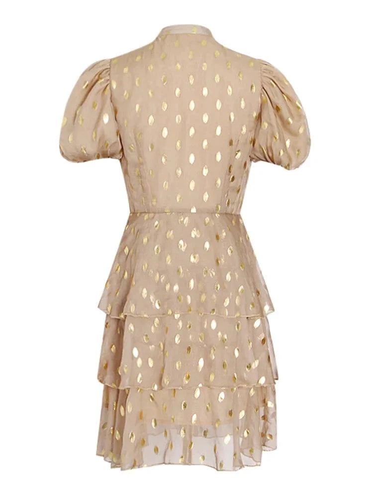 CHICEVER Fashion Bubble Sleeve Dot Multi-Layer Hem Casual Dress Mini Dresses Women 2023