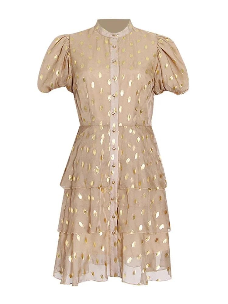 CHICEVER Fashion Bubble Sleeve Dot Multi-Layer Hem Casual Dress Mini Dresses Women 2023