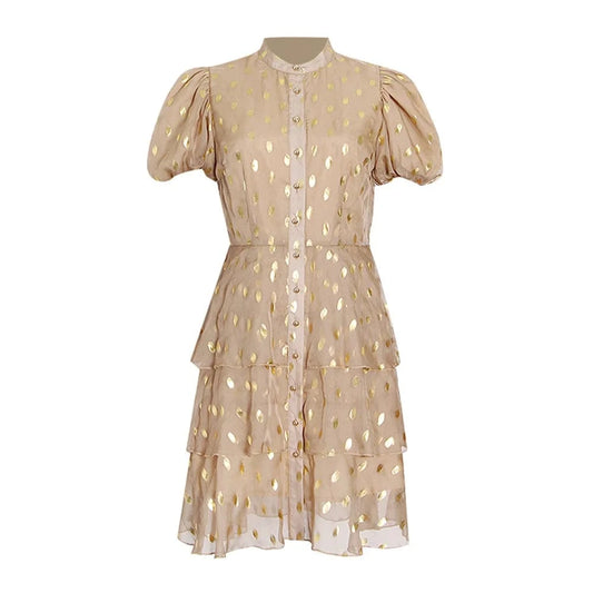 CHICEVER Fashion Bubble Sleeve Dot Multi-Layer Hem Casual Dress Mini Dresses Women 2023