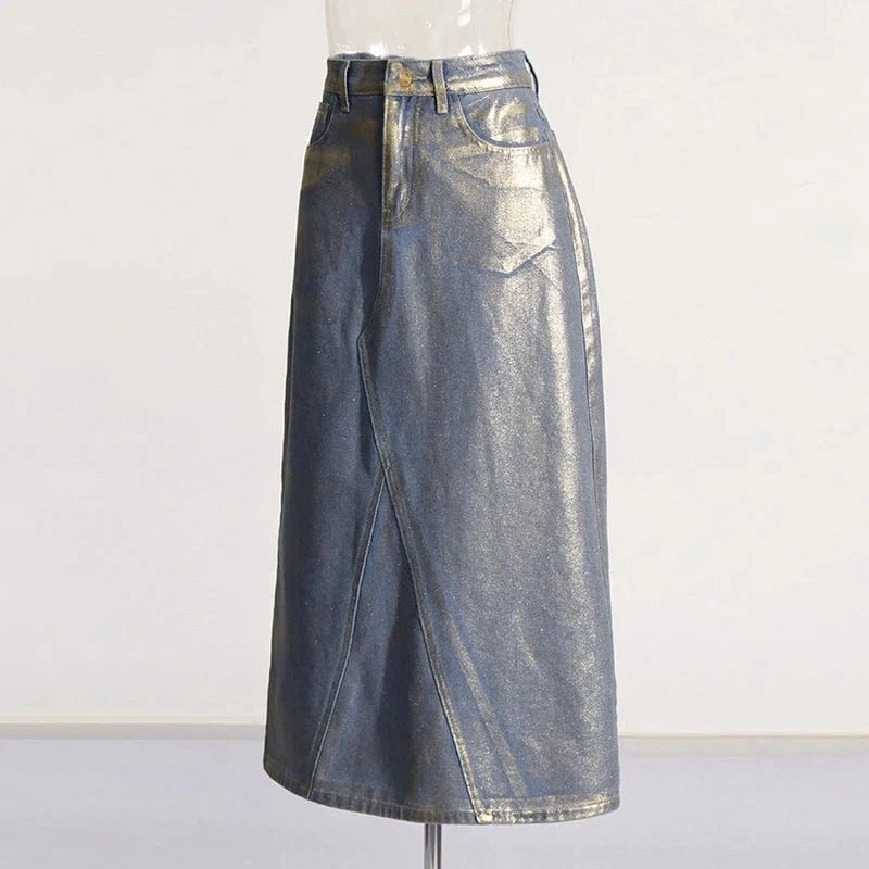 CHICEVER Fashion Hit Color Glossy Colorblock A Line High Waist Patchwork Button Denim Long Skirt