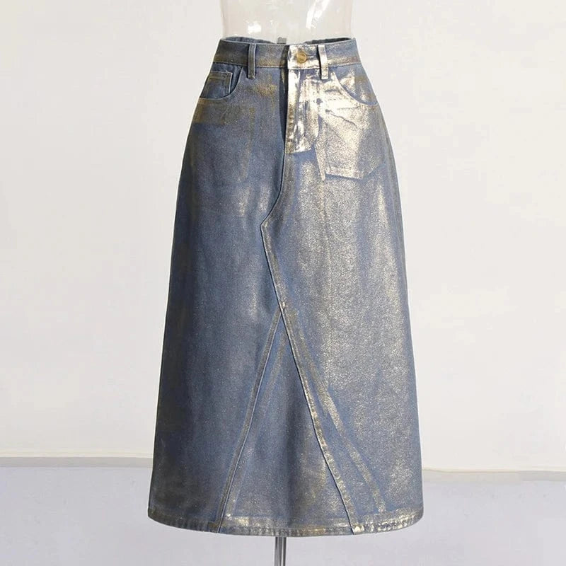 CHICEVER Fashion Hit Color Glossy Colorblock A Line High Waist Patchwork Button Denim Long Skirt