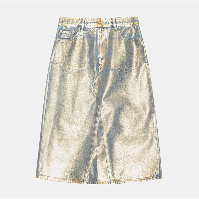 CHICEVER Fashion Hit Color Glossy Colorblock A Line High Waist Patchwork Button Denim Long Skirt