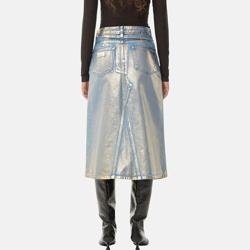 CHICEVER Fashion Hit Color Glossy Colorblock A Line High Waist Patchwork Button Denim Long Skirt
