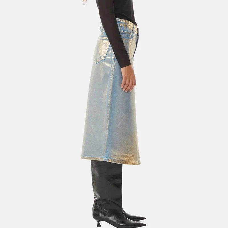 CHICEVER Fashion Hit Color Glossy Colorblock A Line High Waist Patchwork Button Denim Long Skirt