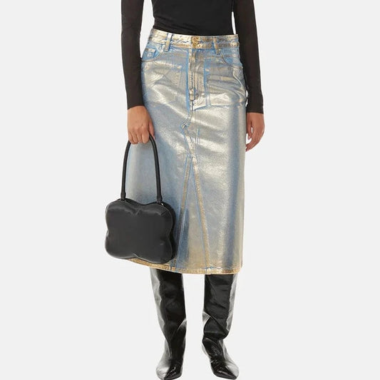 CHICEVER Fashion Hit Color Glossy Colorblock A Line High Waist Patchwork Button Denim Long Skirt