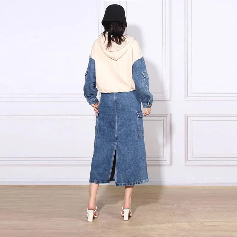 CHICEVER Fashion Hooded Long Sleeve Hit Color 2 Piece Long Skirt And Top Set For Women