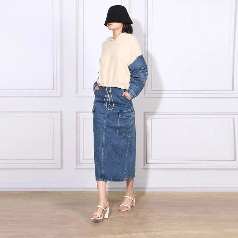 CHICEVER Fashion Hooded Long Sleeve Hit Color 2 Piece Long Skirt And Top Set For Women