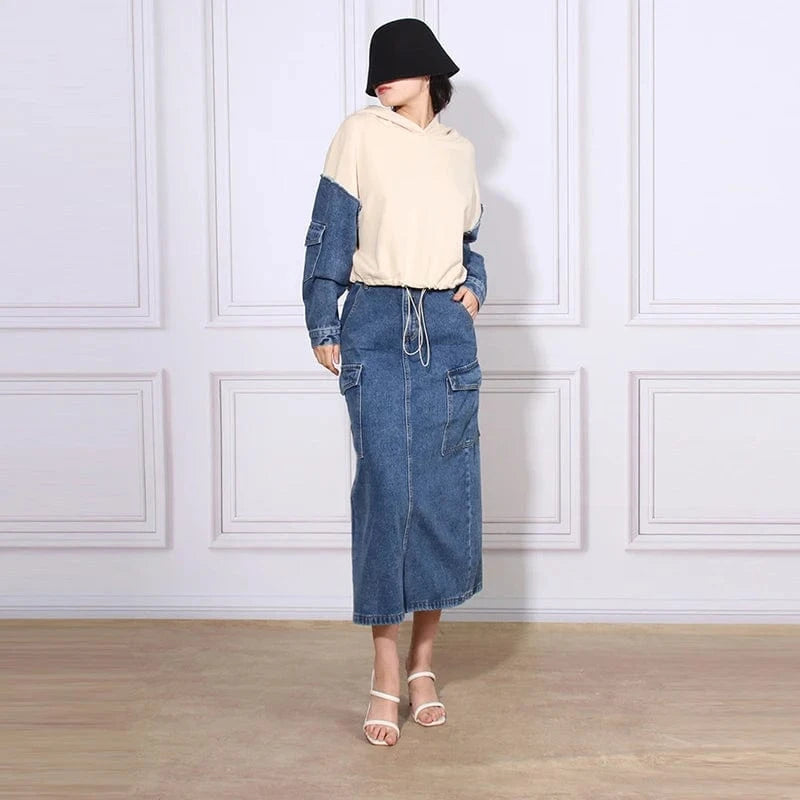 CHICEVER Fashion Hooded Long Sleeve Hit Color 2 Piece Long Skirt And Top Set For Women