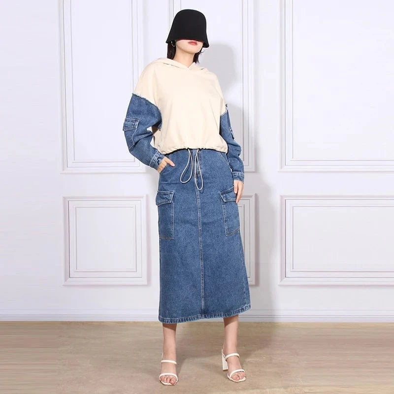 CHICEVER Fashion Hooded Long Sleeve Hit Color 2 Piece Long Skirt And Top Set For Women