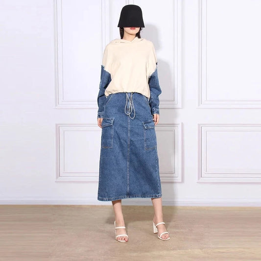 CHICEVER Fashion Hooded Long Sleeve Hit Color 2 Piece Long Skirt And Top Set For Women