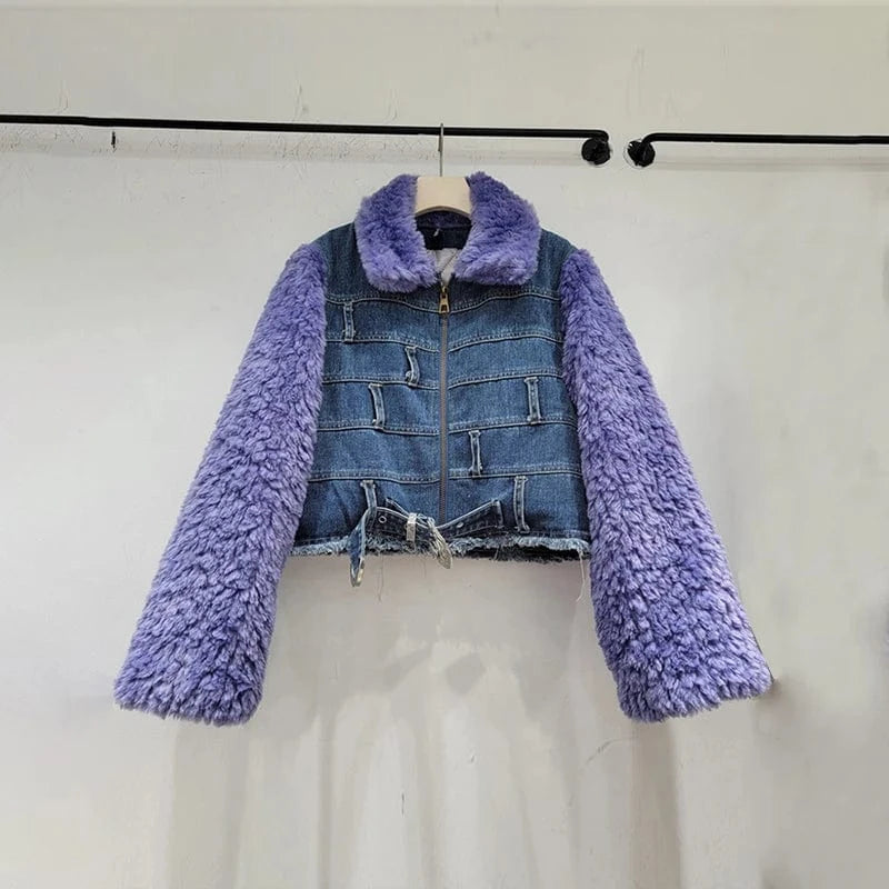 CHICEVER Fashion Lapel Long Sleeve Patchwork Lambswool Winter Jackets For Women 2023