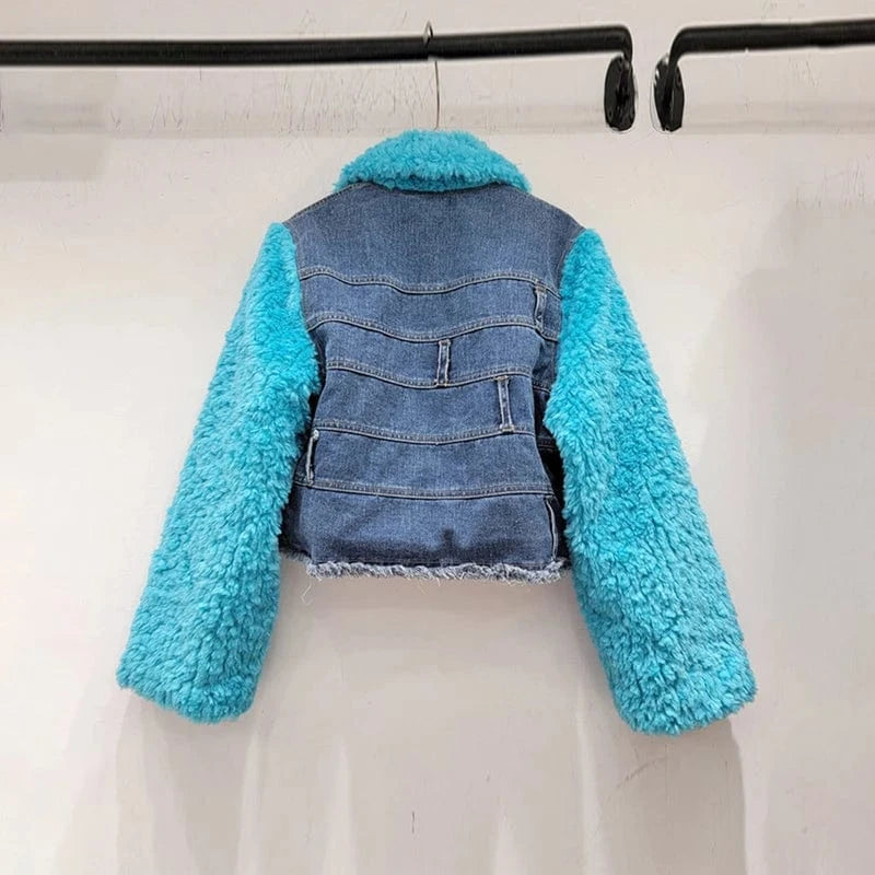 CHICEVER Fashion Lapel Long Sleeve Patchwork Lambswool Winter Jackets For Women 2023