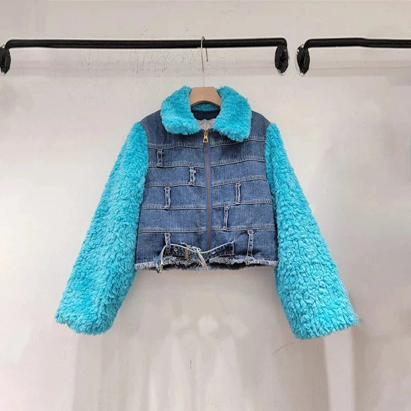 CHICEVER Fashion Lapel Long Sleeve Patchwork Lambswool Winter Jackets For Women 2023