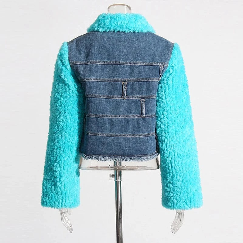 CHICEVER Fashion Lapel Long Sleeve Patchwork Lambswool Winter Jackets For Women 2023