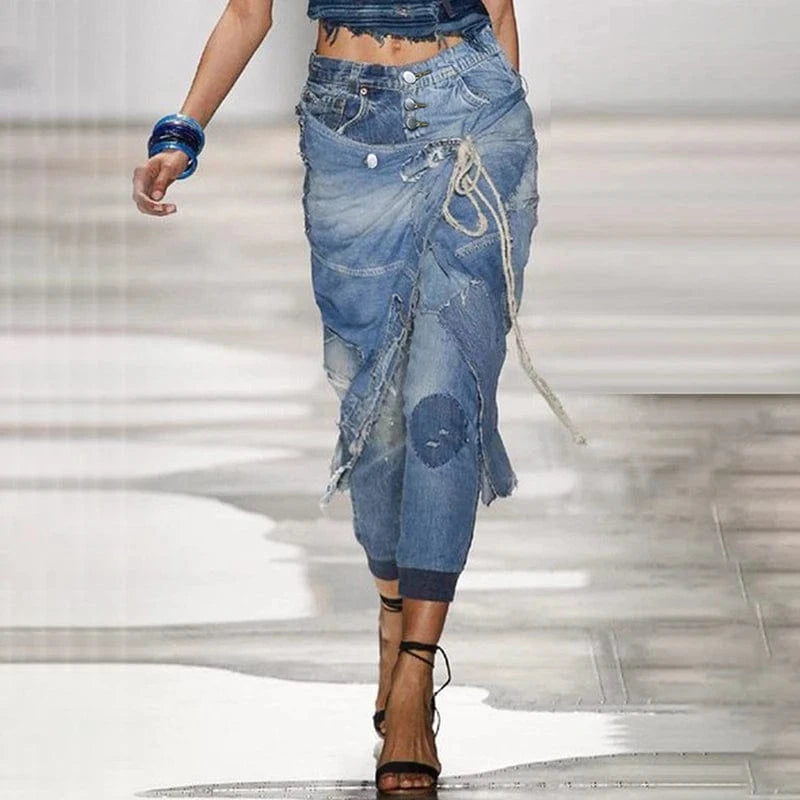 CHICEVER Fashion Patchwork Button High Waist High Quality Denim Trousers Wholesale Women Jeans