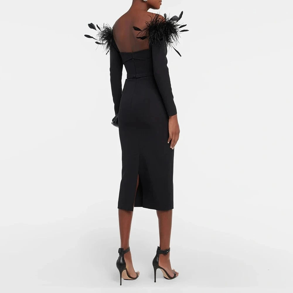 CHICEVER Fashion Patchwork Feathers Slimming Long Sleeve Dress Long Dresses For Women