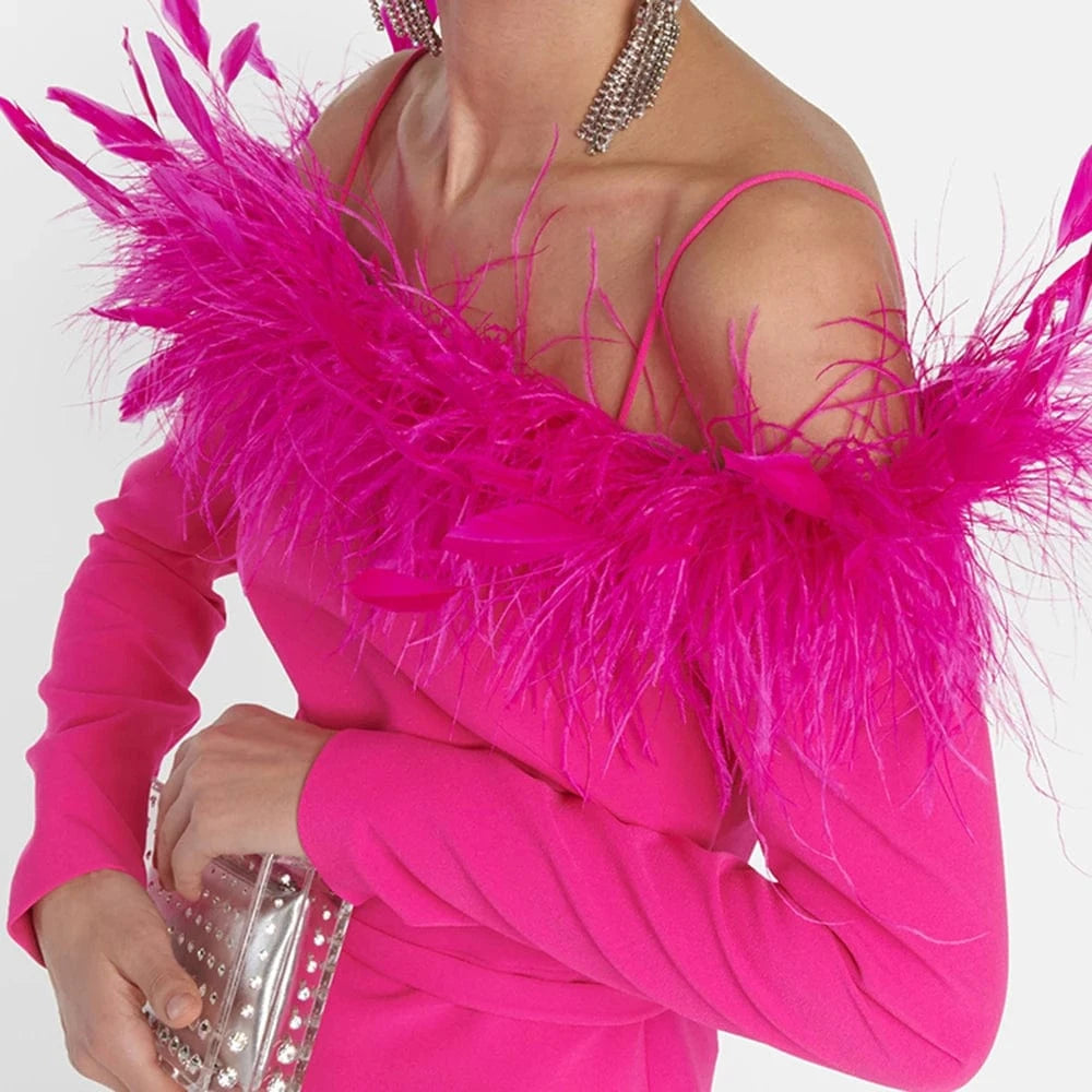 CHICEVER Fashion Patchwork Feathers Slimming Long Sleeve Dress Long Dresses For Women