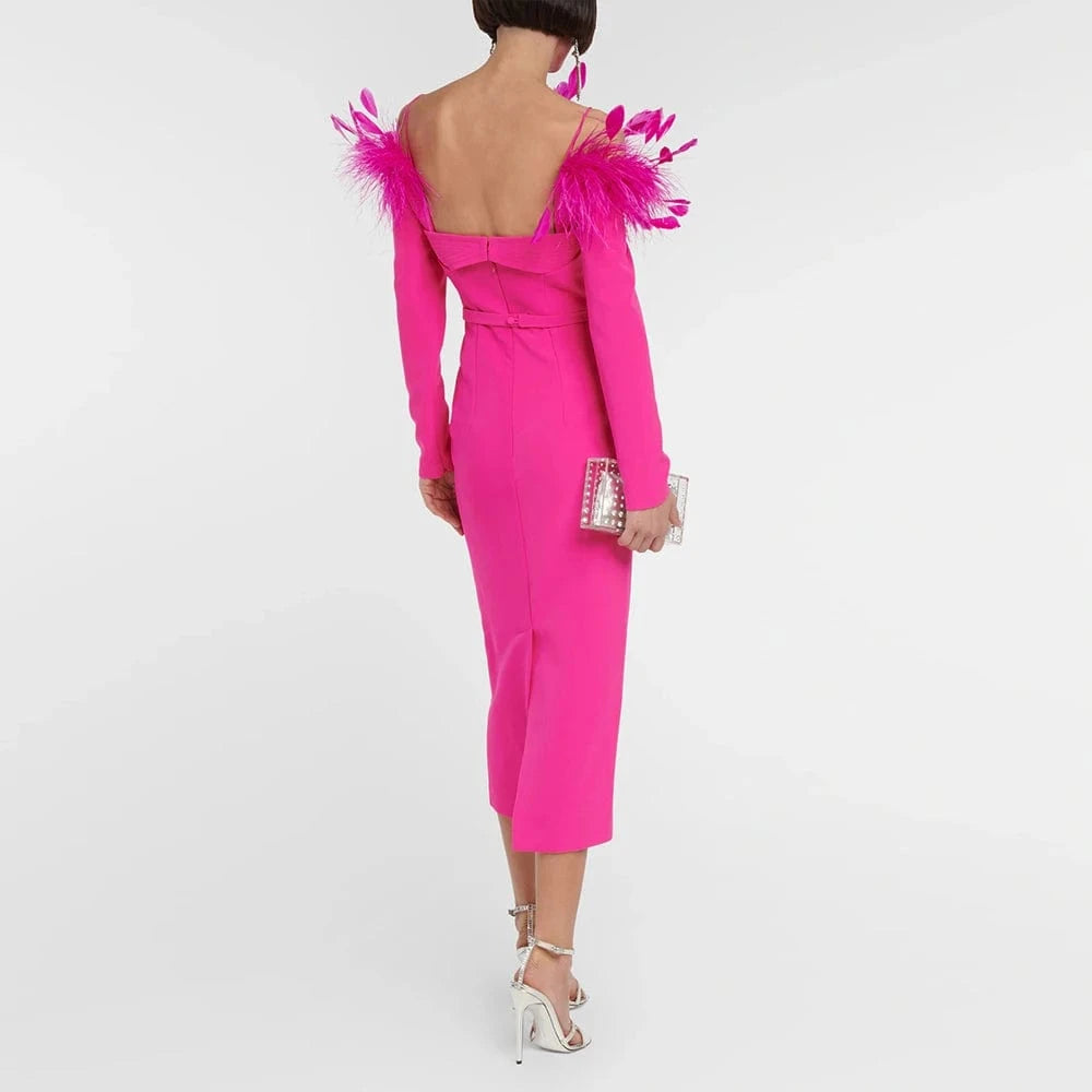 CHICEVER Fashion Patchwork Feathers Slimming Long Sleeve Dress Long Dresses For Women