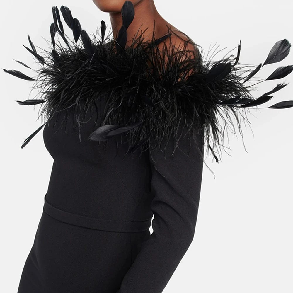 CHICEVER Fashion Patchwork Feathers Slimming Long Sleeve Dress Long Dresses For Women