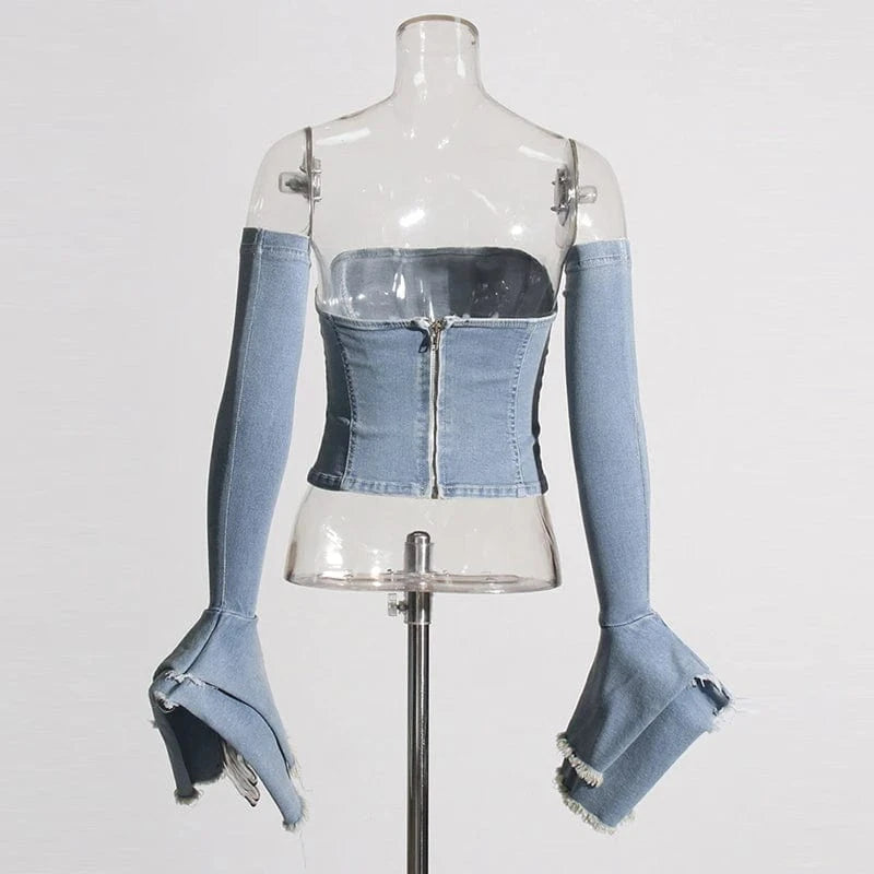 CHICEVER Fashion Solid Color Strapless Flare Sleeve Cold Shoulder Denim Vest For Women